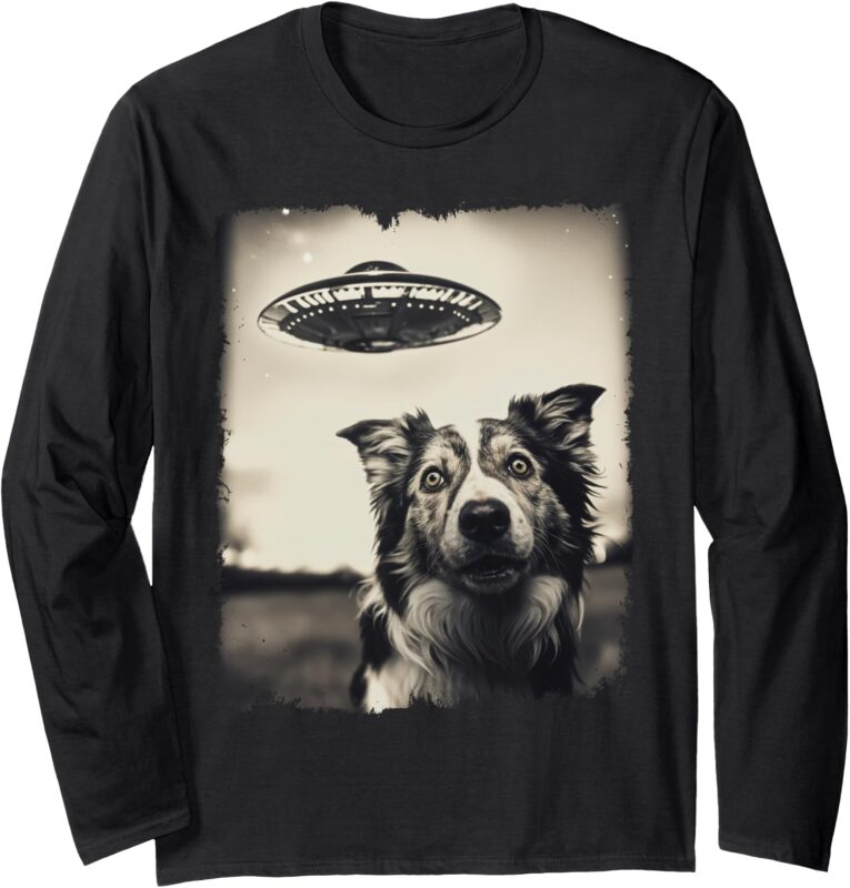 Funny Graphic Corgi Dog Selfie with UFOs Uncanny Weird Long Sleeve T-Shirt