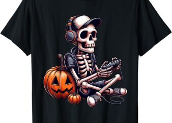 Funny Skeleton Playing Video Game Halloween Shirt Boys Gamer T-Shirt