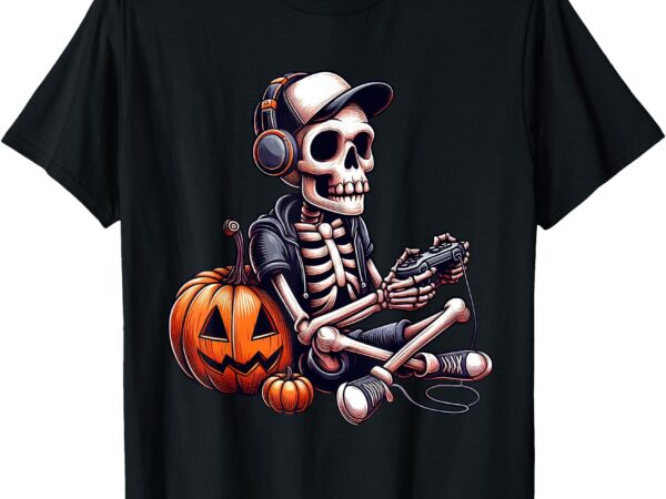 Funny skeleton playing video game halloween shirt boys gamer t-shirt