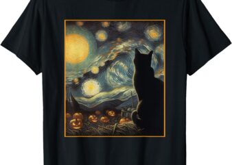 Halloween Black Cat Starry Night Cat Lovers Cat Graphic T-Shirt