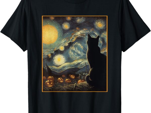 Halloween black cat starry night cat lovers cat graphic t-shirt