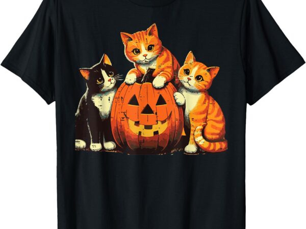 Halloween cats around pumpkin retro costume women girls kids t-shirt