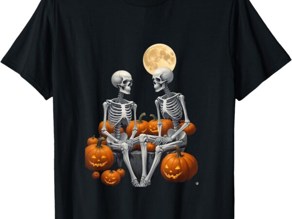 Halloween skeletons in pumpkin patch t-shirt