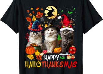 Halloween Thanksgiving Christmas Happy HalloThanksMas Cats T-Shirt