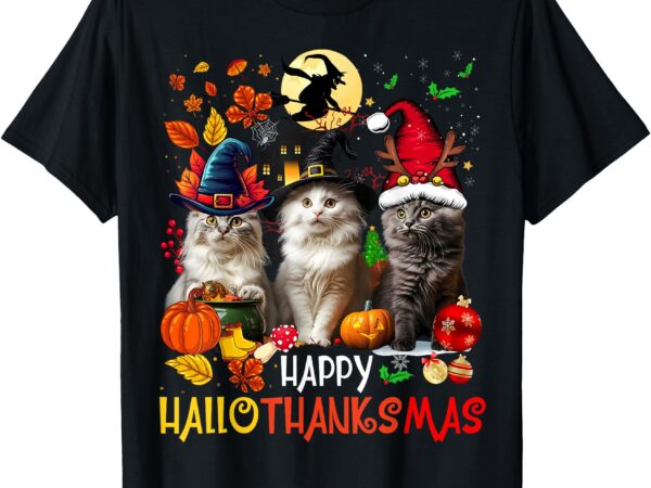 Halloween thanksgiving christmas happy hallothanksmas cats t-shirt