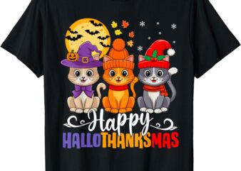 Halloween Thanksgiving Christmas Happy HalloThanksMas Cats T-Shirt