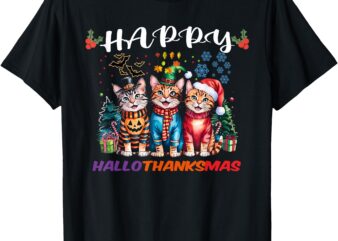 Happy HalloThanksMas Cats Halloween Thanksgiving Christmas T-Shirt