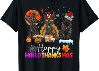 Happy Hallothanksmas Black Cat Halloween Thanksgiving Xmas T-Shirt