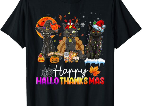 Happy hallothanksmas black cat halloween thanksgiving xmas t-shirt