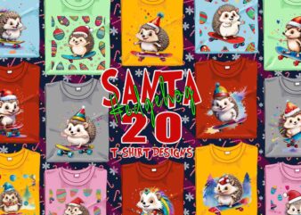 Colourful Hedgehog Santa Claus Riding Skateboard Christmas t-shirt design bundle of 20 designs – download instantly Retro Vintage T-shirt