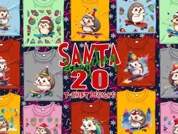 Colourful hedgehog santa claus riding skateboard christmas t-shirt design bundle of 20 designs – download instantly retro vintage t-shirt