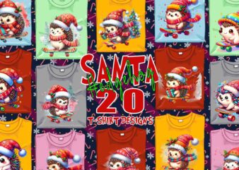 Retro Hedgehog Santa Claus Riding Skateboard Christmas t-shirt design bundle of 20 designs