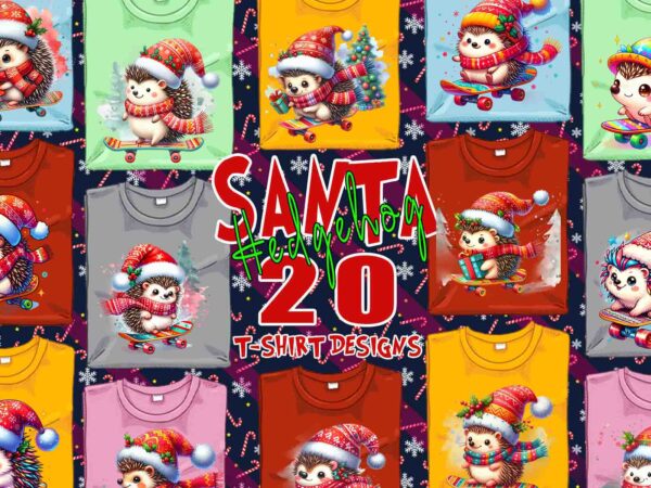 Retro hedgehog santa claus riding skateboard christmas t-shirt design bundle of 20 designs