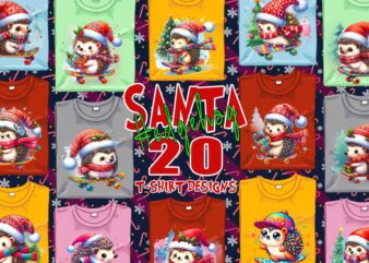 Funny Hedgehog Santa Claus Riding Skateboard Christmas t-shirt design bundle of 20 designs