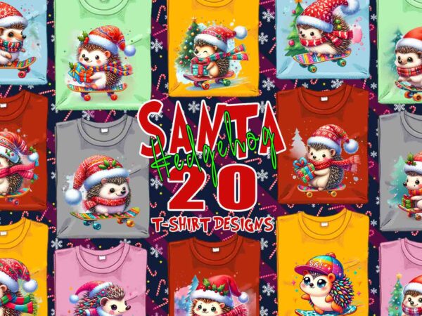 Funny hedgehog santa claus riding skateboard christmas t-shirt design bundle of 20 designs