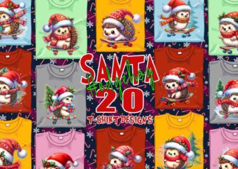 Trendy Hedgehog Santa Riding Skateboard t-shirt design bundle of 20 png & jpeg designs – download instantly Retro Vintage T-shirt Design