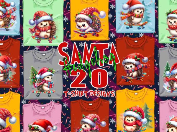 Trendy hedgehog santa riding skateboard t-shirt design bundle of 20 png & jpeg designs – download instantly retro vintage t-shirt design