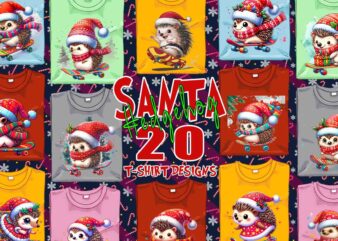 Colourful Hedgehog Santa Claus Riding Skateboard Christmas t-shirt design bundle of 20 designs