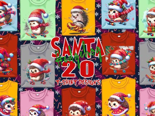 Colourful hedgehog santa claus riding skateboard christmas t-shirt design bundle of 20 designs