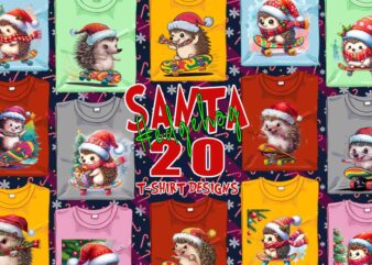 Retro Hedgehog Santa Claus Riding Skateboard Christmas t-shirt design bundle of 20 design Bundle