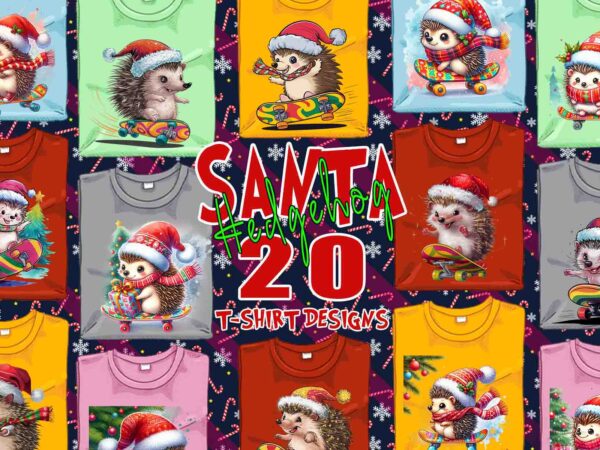 Retro hedgehog santa claus riding skateboard christmas t-shirt design bundle of 20 design bundle