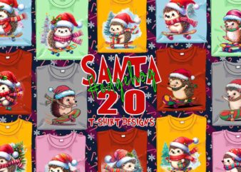 Funny Hedgehog Santa Claus Riding Skateboard Christmas t-shirt design bundle of 20 designs Bundle