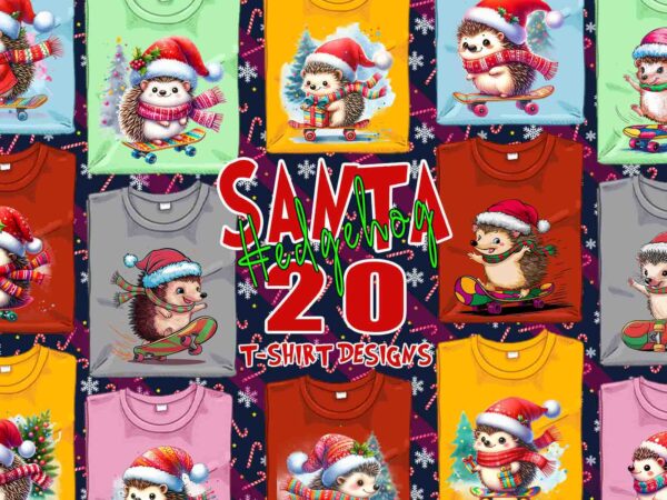 Funny hedgehog santa claus riding skateboard christmas t-shirt design bundle of 20 designs bundle