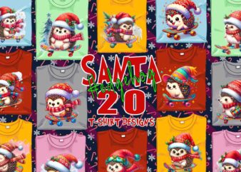 Trendy Hedgehog Santa Riding Skateboard t-shirt design bundle of 20 png & jpeg designs – download instantly Retro Vintage T-shirt Design