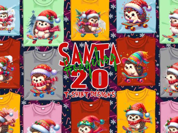 Trendy hedgehog santa riding skateboard t-shirt design bundle of 20 png & jpeg designs – download instantly retro vintage t-shirt design