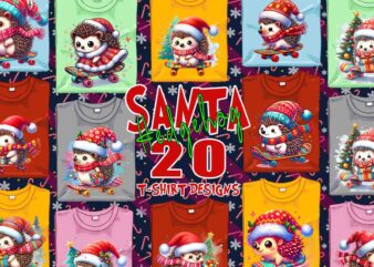 Colourful Hedgehog Santa Claus Riding Skateboard Christmas t-shirt design bundle of 20 designs for POD