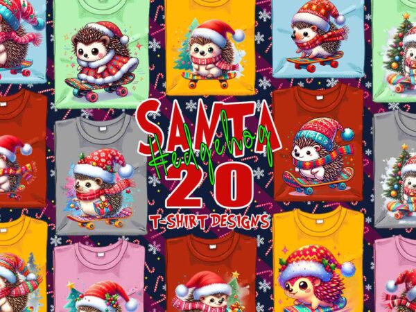 Colourful hedgehog santa claus riding skateboard christmas t-shirt design bundle of 20 designs for pod