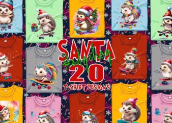 Hedgehog Santa Claus Riding Skateboard Christmas t-shirt design bundle of 20 designs – download instantly Retro Vintage T-shirt Illustration