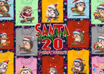 Trendy Hedgehog Santa Riding Skateboard t-shirt design bundle of 20 png & jpeg designs – download instantly Retro Vintage T-shirt