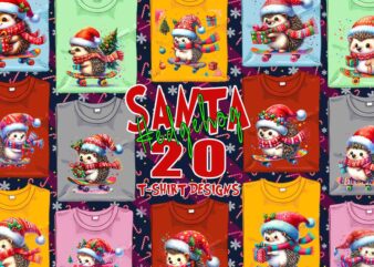 Funny Hedgehog Santa Claus Riding Skateboard Christmas t-shirt design bundle of 20 designs – download instantly Retro Vintage Illustration