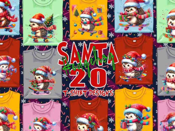 Funny hedgehog santa claus riding skateboard christmas t-shirt design bundle of 20 designs – download instantly retro vintage illustration