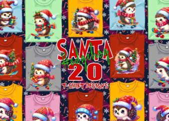 Trendy Hedgehog Santa Riding Skateboard t-shirt design bundle of 20 png & jpeg designs – download instantly Retro Vintage T-shirt Design