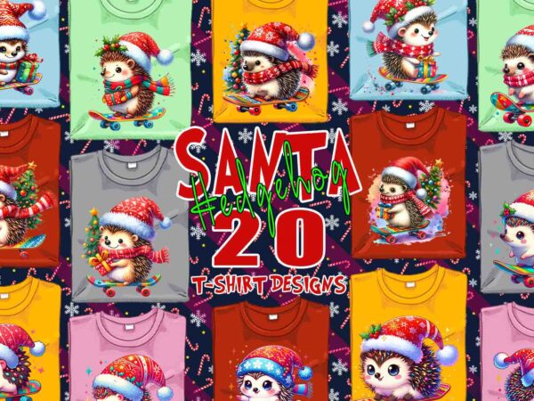 Trendy hedgehog santa riding skateboard t-shirt design bundle of 20 png & jpeg designs – download instantly retro vintage t-shirt design