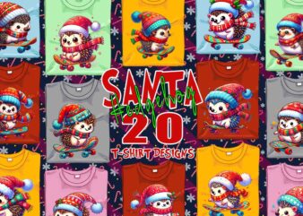 Colourful Hedgehog Santa Claus Riding Skateboard Christmas t-shirt design bundle of 20 designs