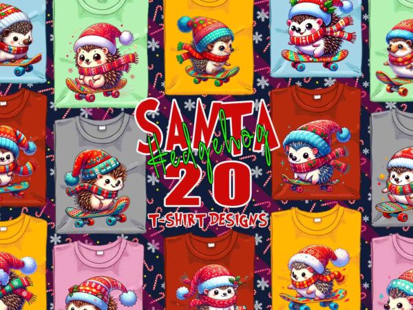 Colourful hedgehog santa claus riding skateboard christmas t-shirt design bundle of 20 designs