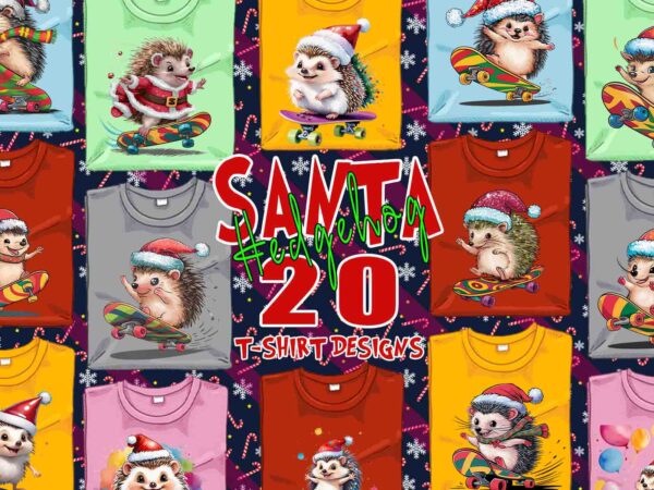 Trendy hedgehog santa riding skateboard t-shirt design bundle of 20 png & jpeg designs – download instantly retro vintage t-shirt