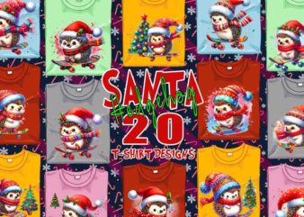 Funny Hedgehog Santa Claus Riding Skateboard Christmas t-shirt design bundle of 20 designs