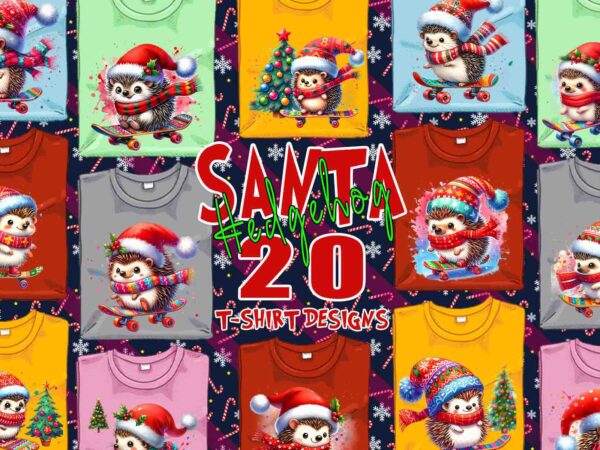 Funny hedgehog santa claus riding skateboard christmas t-shirt design bundle of 20 designs