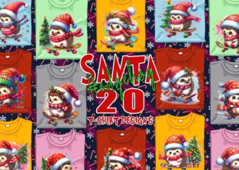 Trendy Hedgehog Santa Riding Skateboard t-shirt design bundle of 20 png & jpeg designs