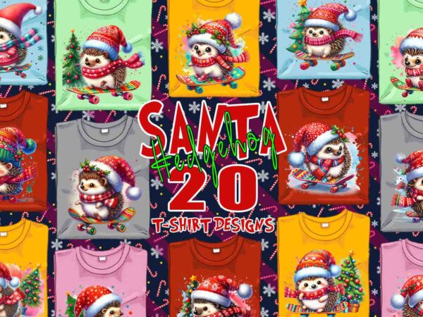 Trendy hedgehog santa riding skateboard t-shirt design bundle of 20 png & jpeg designs