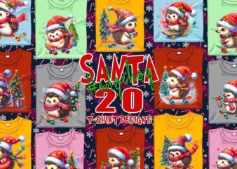 Colourful Hedgehog Santa Claus Riding Skateboard Christmas t-shirt design bundle of 20 designs – download instantly