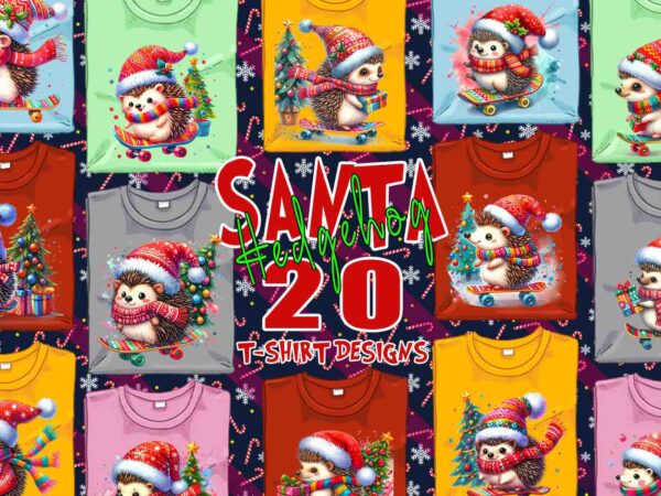 Colourful hedgehog santa claus riding skateboard christmas t-shirt design bundle of 20 designs – download instantly