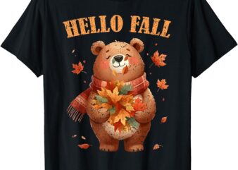 Hello Fall Bear Autumn Season Autumnal Leaves Men Women Kids T-Shirt