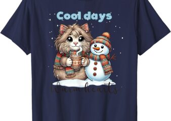 Kitty Cat and Snowman Friends Share Coffee in Winter Snow T-Shirt