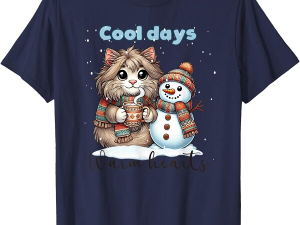 Kitty cat and snowman friends share coffee in winter snow t-shirt