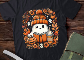 LT508 Ghost Drinking Coffee Book Reading Halloween Pumpkin